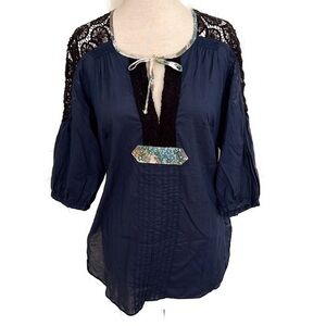 Free People Blue Black Tunic with Crochet